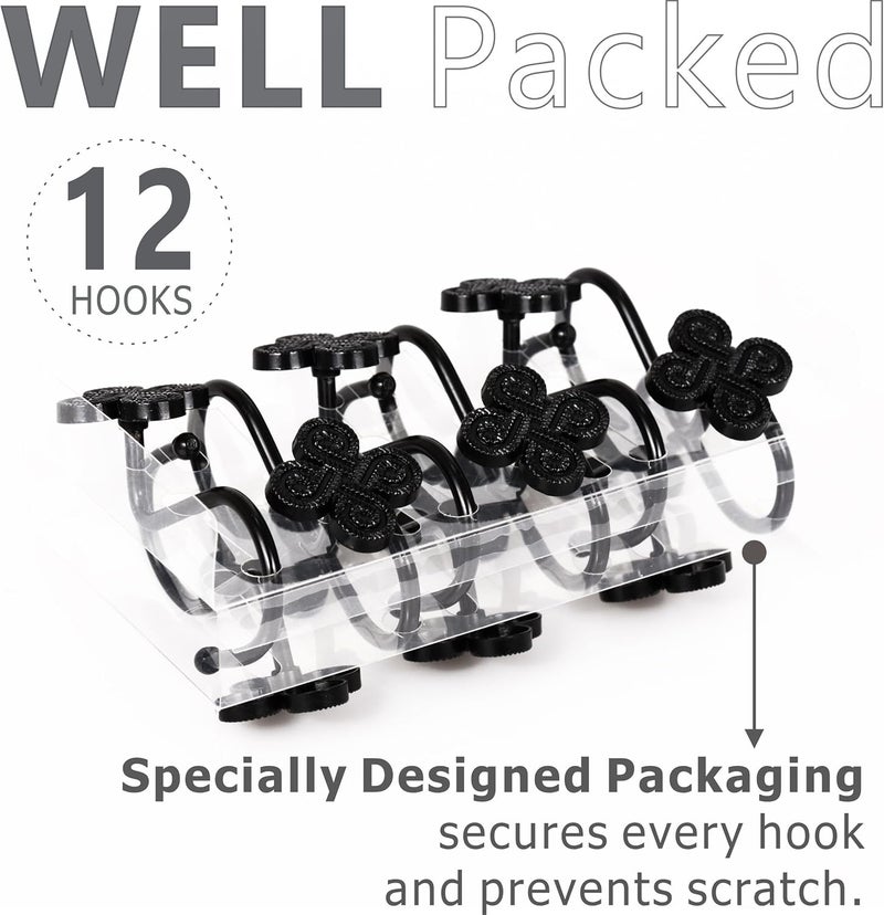 Popkozzi Black Shower Curtain Rings Hooks: Rust Proof Metal Shower Rings for Bathroom - Fancy Flower Clover Designed Decorative Shower Curtain Hooks Hangers for Shower Rod - Set of 12 - Image 5